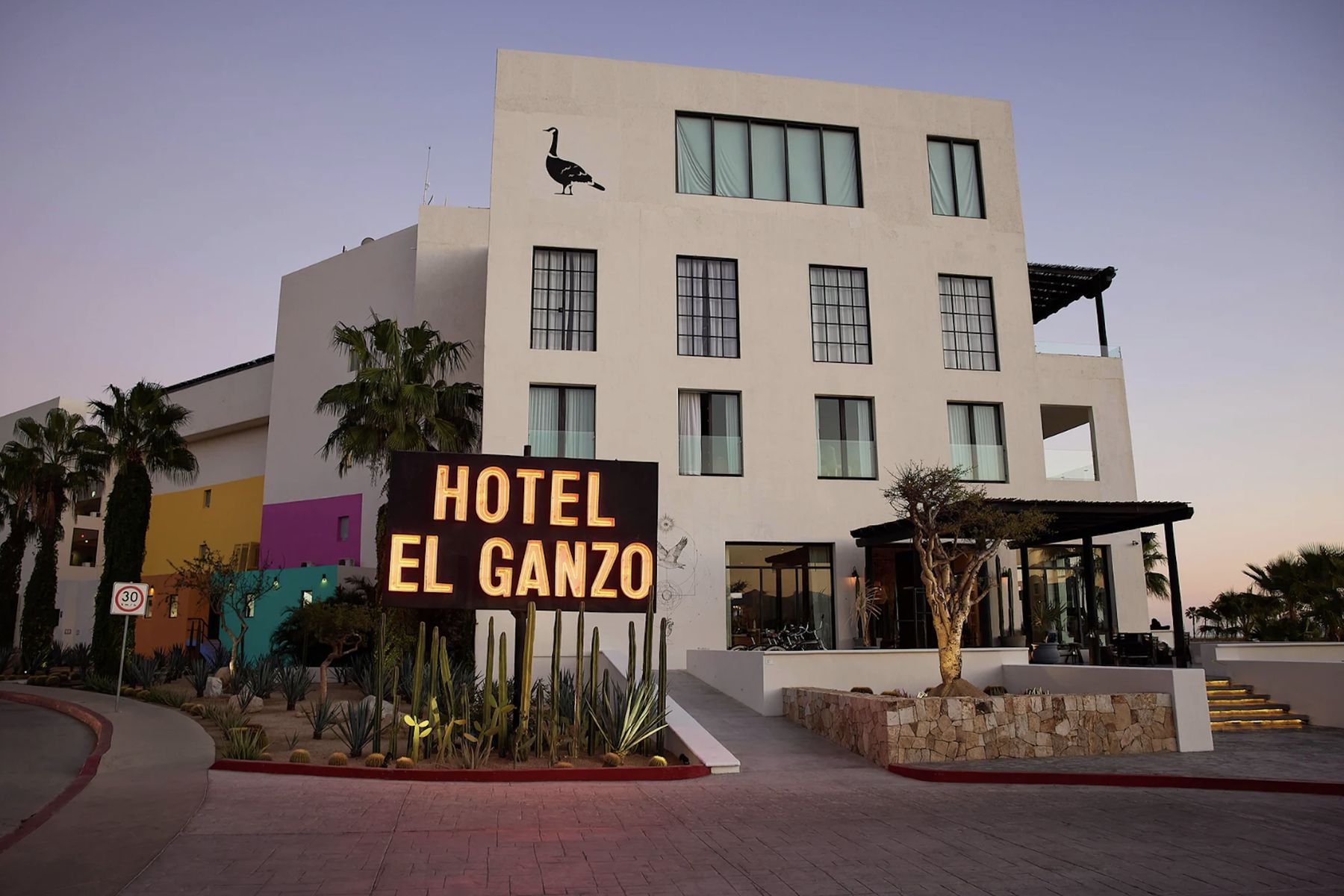 Hotel El Ganzo entrance at dusk